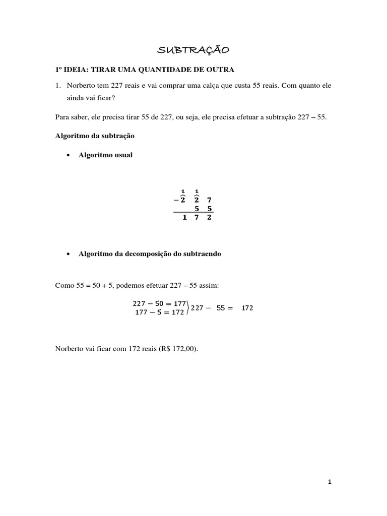 Subtração com números decimais explicada