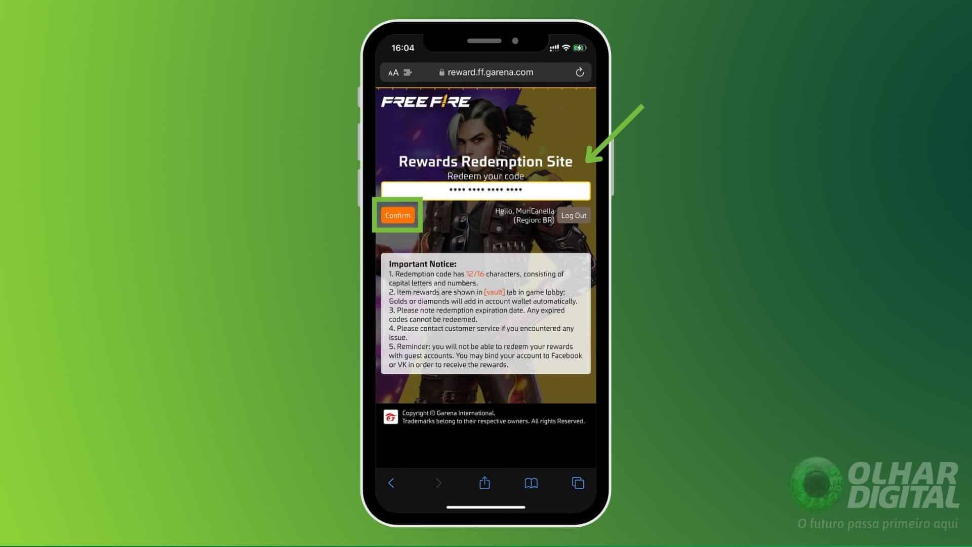 free fire recompensa código