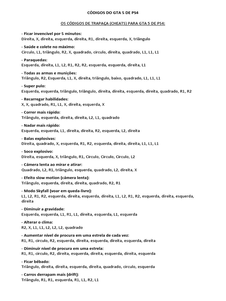 códigos gta 5 ps4