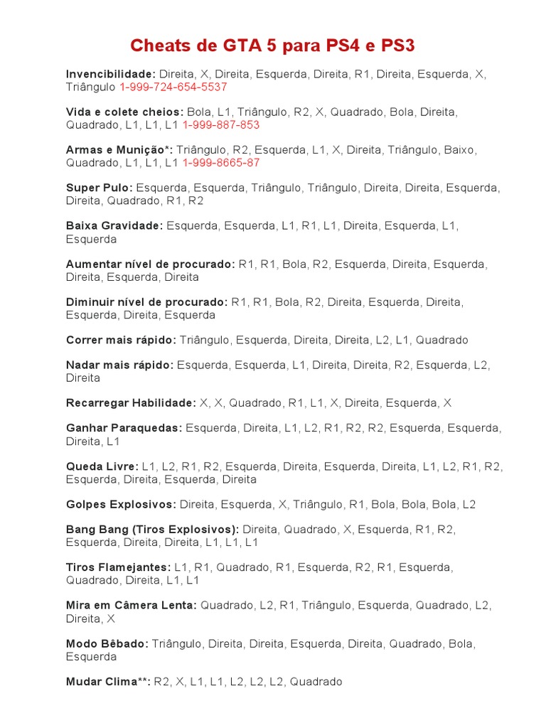 1. Guia Completo de Veículos em GTA 5: Todos os Códigos
2. Desbloqueie Todas as Armas em GTA 5: Códigos Essenciais
3. Invencibilidade e Vida Infinita: Os Segredos de GTA 5
4. Efeitos Especiais em GTA 5: Gravidade da Lua e Super Pulo
5. Como Usar o Celular para Ativar Códigos em GTA 5
