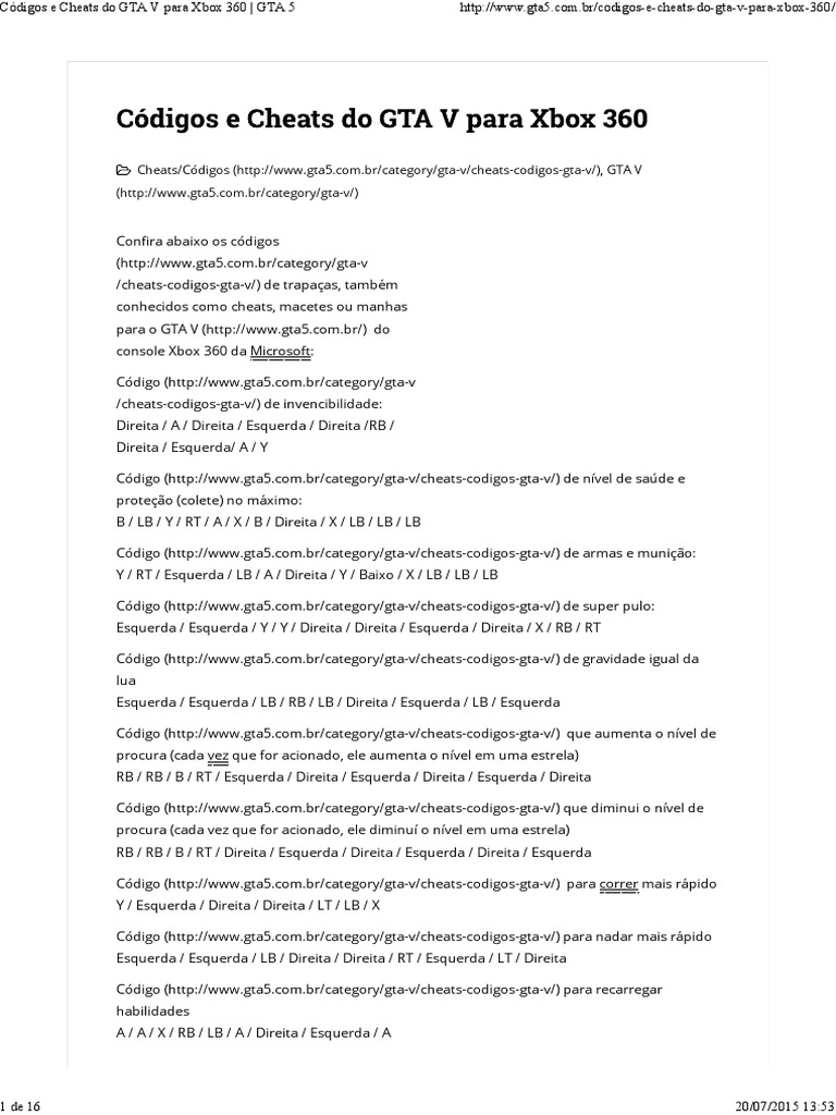 todos os codigos do gta 5 xbox 360