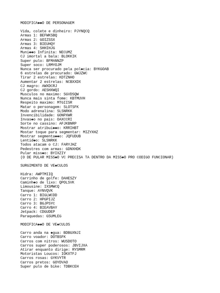 melhores códigos gta san andreas celular