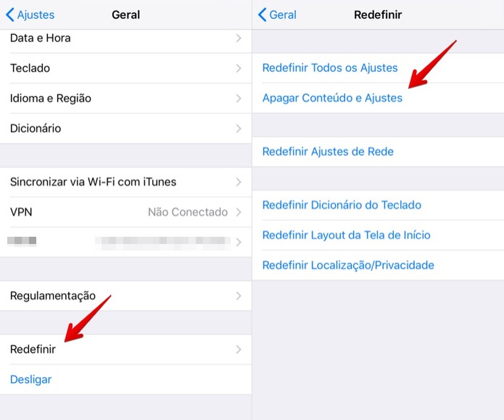 Diferenças entre resetar e apagar conteúdo e ajustes no iPhone