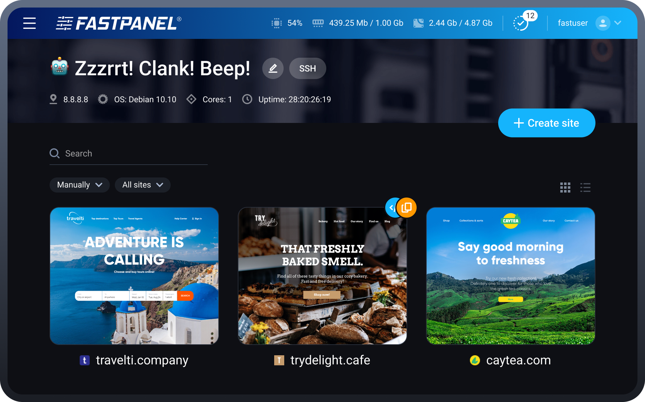 painel de controle de servidor