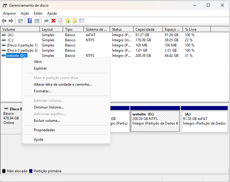 gerenciamento disco windows particionar 2026